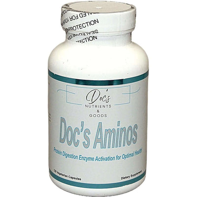 Doc's Aminos bottle for Free Form Amino Acid Therapy, protein digestion enzyme activation for optimal health.