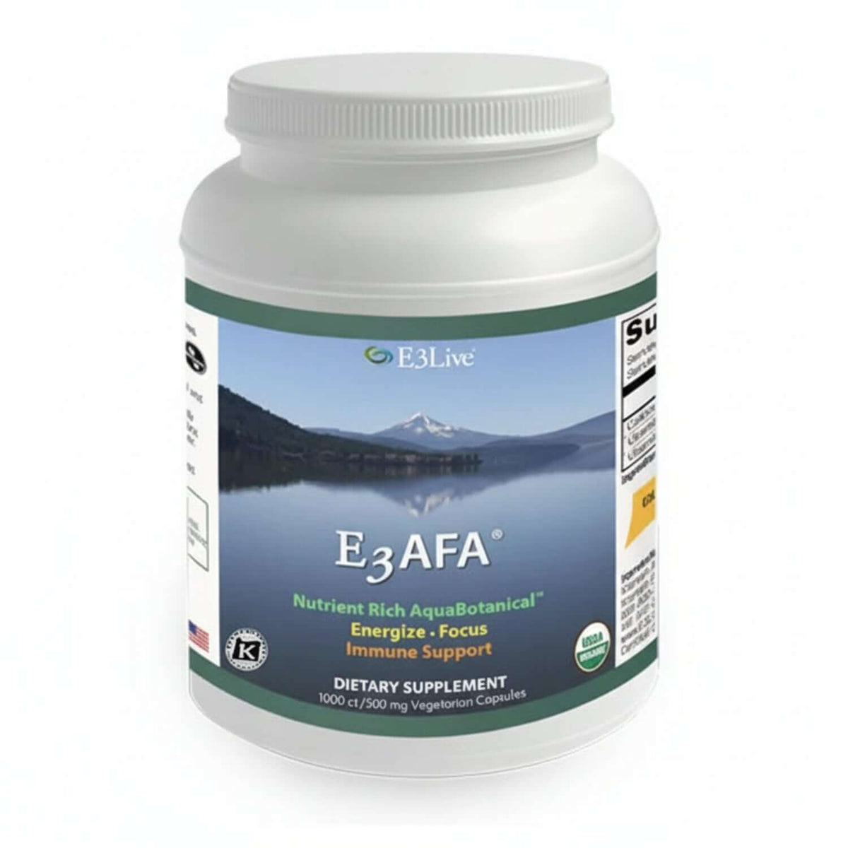 E3 AFA dietary supplement bottle that helps nourish and cleanse your body with nutrient-rich ingredients.