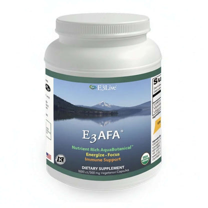 E3 AFA dietary supplement bottle that helps nourish and cleanse your body with nutrient-rich ingredients.