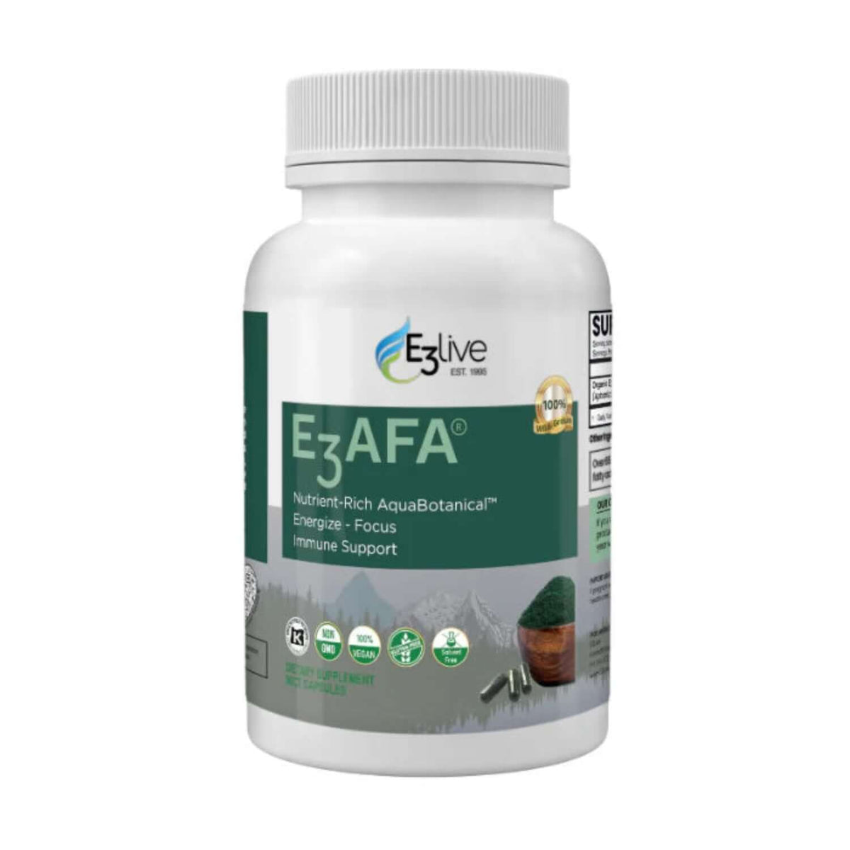 E3 AFA supplement bottle, helps nourish and cleanse your body with nutrient-rich ingredients.