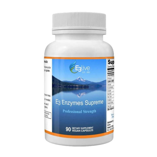 E3 Enzymes Supreme dietary supplement bottle for Increase Digestive Health with 90 vegan capsules.