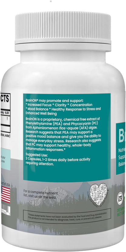 BrainON Organic AFA Extract bottle featuring cognitive focus, clarity, and mood support benefits on the label.