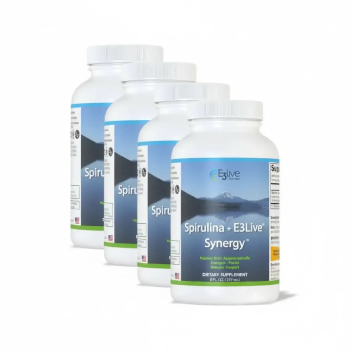 E3Live Spirulina E3Live Synergy dietary supplement bottles showcasing Aquatic Phytonutrient and Phycocyanin Synergy Support.