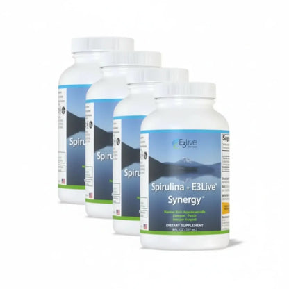 E3Live Spirulina E3Live Synergy dietary supplement bottles showcasing Aquatic Phytonutrient and Phycocyanin Synergy Support.