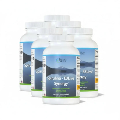 E3Live Spirulina E3Live Synergy bottles showcasing Aquatic Phytonutrient and Phycocyanin Synergy Support