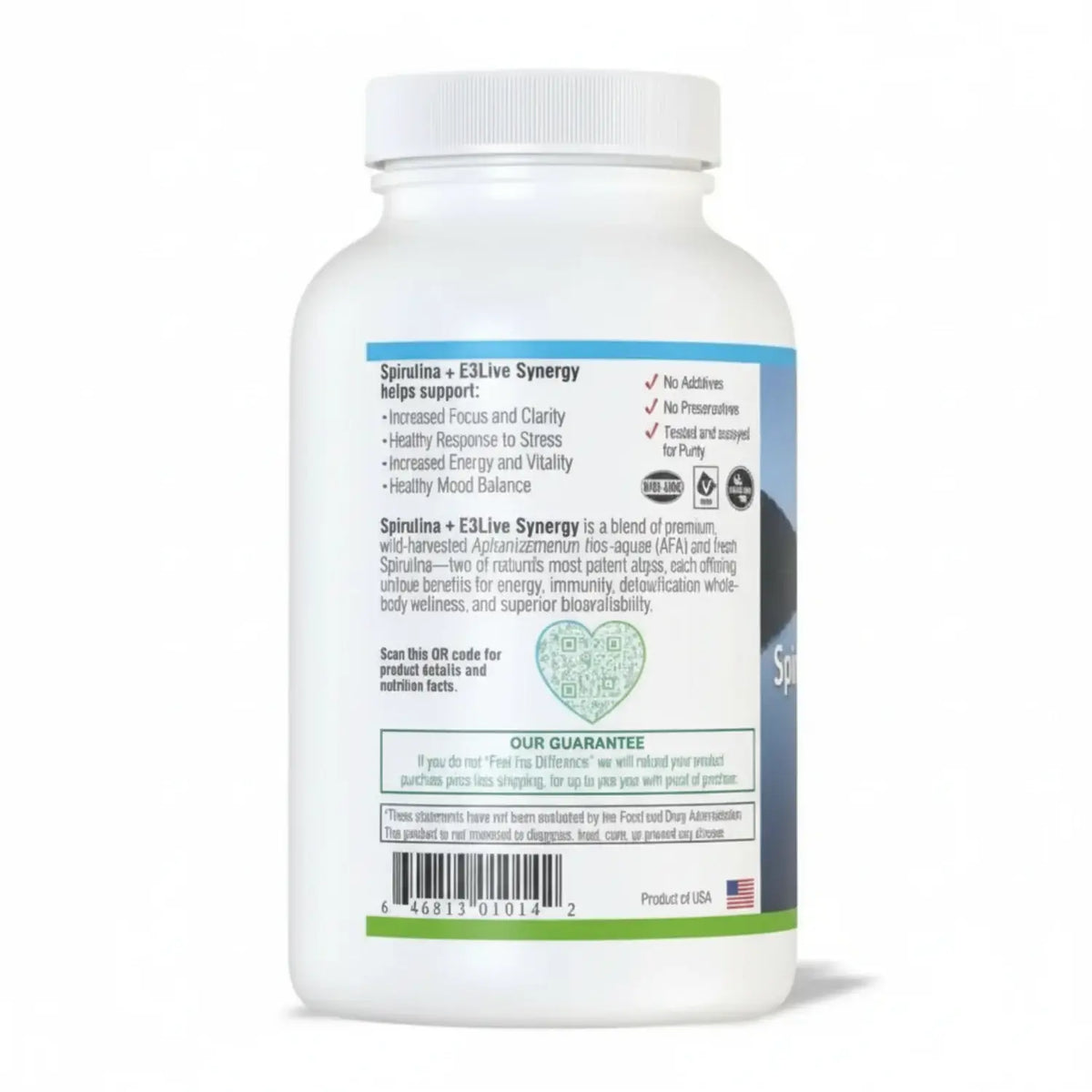 E3Live Spirulina E3Live Synergy bottle with Aquatic Phytonutrient and Phycocyanin Synergy Support benefits listed.