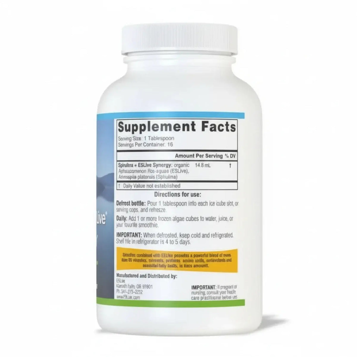 E3Live Spirulina E3Live Synergy Supplement Facts label, featuring Aquatic Phytonutrient and Phycocyanin Synergy Support.
