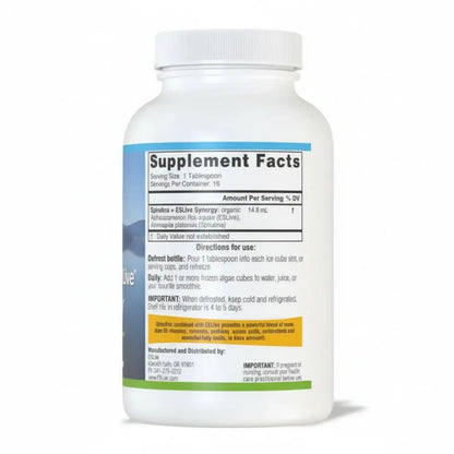 E3Live Spirulina E3Live Synergy Supplement Facts label, featuring Aquatic Phytonutrient and Phycocyanin Synergy Support.