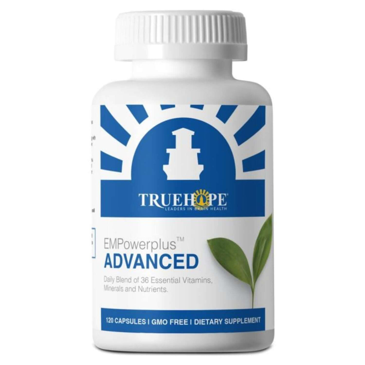 Supplement bottle labeled 'TrueHope EMPowerplus Advanced' on a white background
