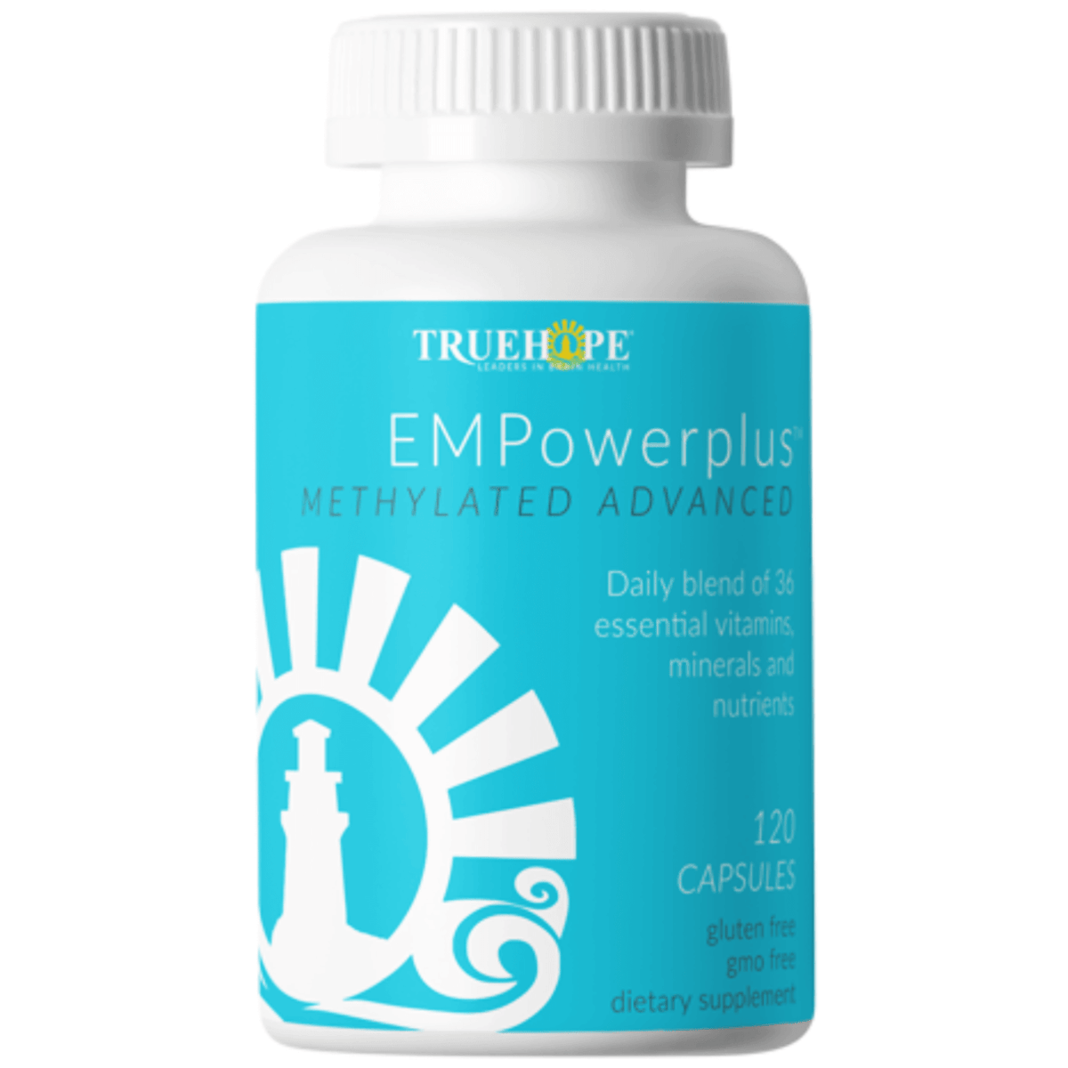 Supplement bottle labeled 'EMPowerplus Methylated Advanced' by TrueHope on a white background