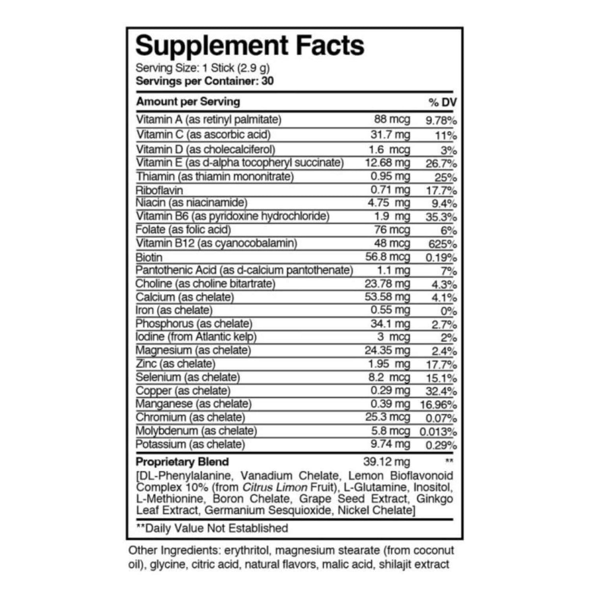 Supplement facts label with detailed nutritional information on a white background