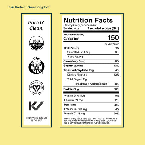 Nutrition facts for Epic Protein - Organic Plant Protein Powder showing calories and nutrient breakdown.