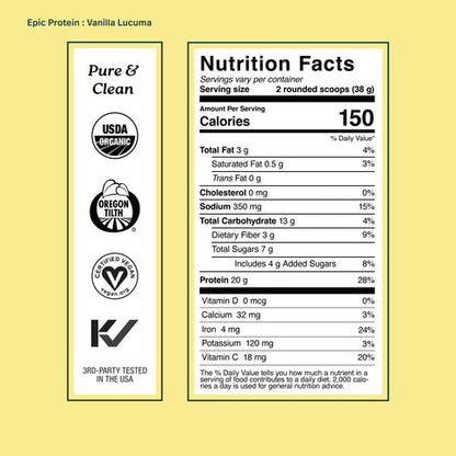 Nutrition facts label for Epic Protein - Organic Plant Protein Powder, showing serving size and organic certifications.
