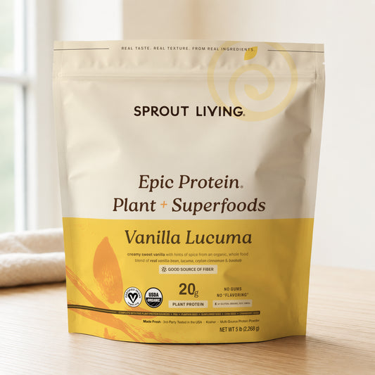 Epic Protein - Organic Plant Protein powder with superfoods in Vanilla Lucuma flavor, 20g plant protein per serving.