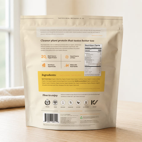 Back of Epic Protein - Organic Plant Protein Powder packaging showcasing nutrition facts and ingredients.