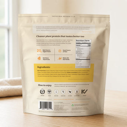 Back of Epic Protein - Organic Plant Protein Powder packaging showcasing nutrition facts and ingredients.