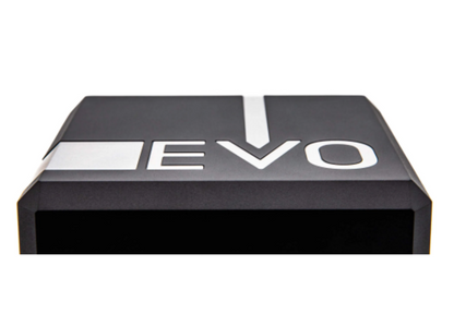 A black rectangular product with a matte finish, featuring the word 'EVO' in white on the top surface, alongside a white vertical arrow and a white square graphic, shown against a plain white background.