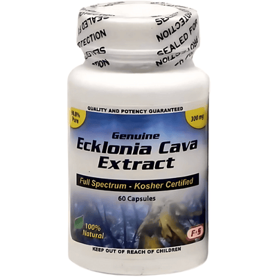 Pure Ecklonia Cava Extract Capsules product bottle displaying 300 mg, 60 capsules, full spectrum, kosher certified.