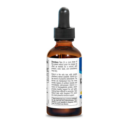 Elderol - Raw Wild Elderberry Extract dropper bottle with usage directions and ingredients label.
