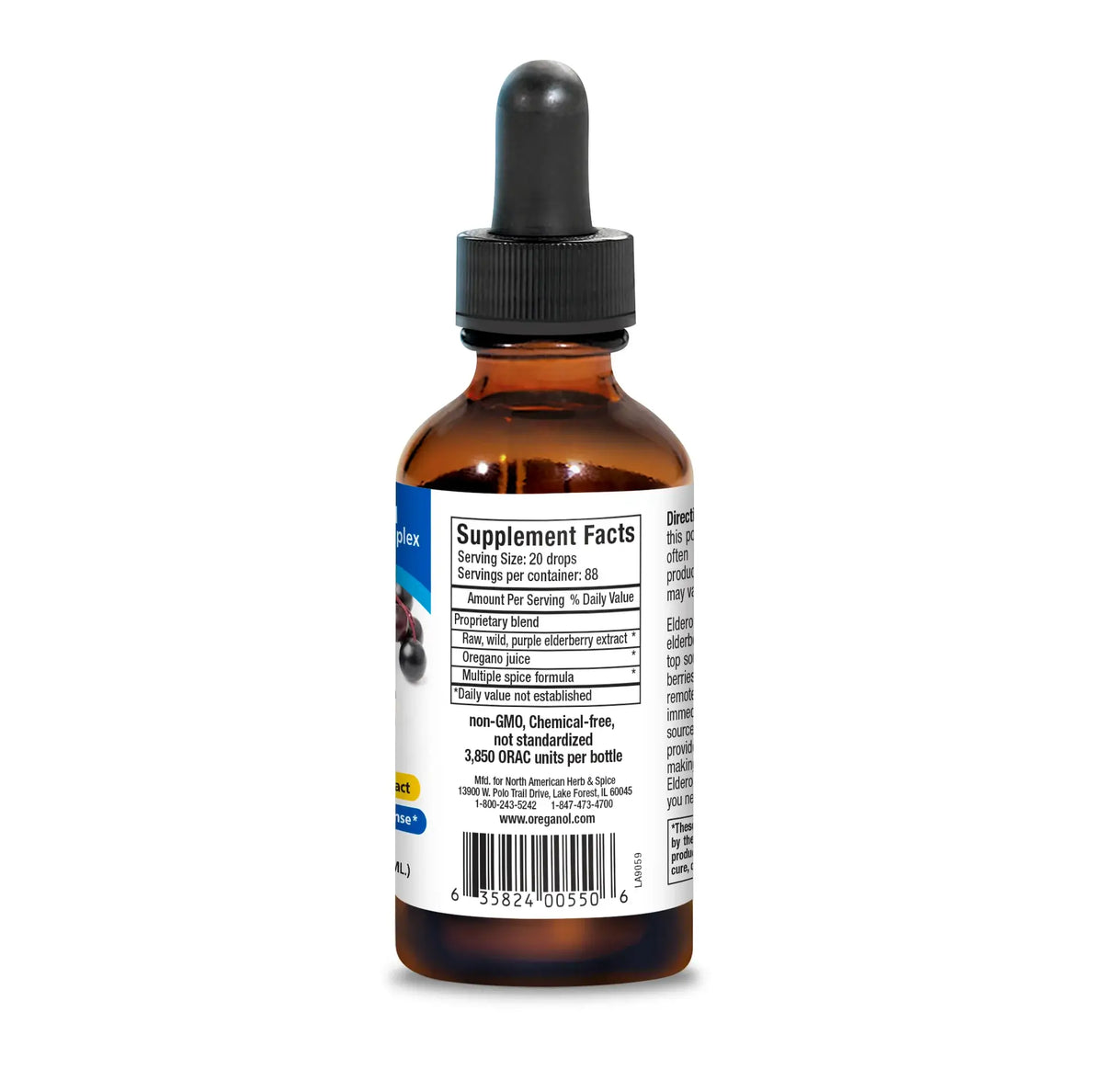 Bottle of Raw Wild Elderberry Extract supplement with serving facts and instructions.