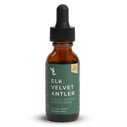 Elk Velvet Antler Liquid dietary supplement bottle with dropper for High Potency Joint Support, 1 fl oz, 30 servings.