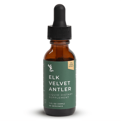 Elk Velvet Antler Liquid dietary supplement bottle with dropper for High Potency Joint Support, 1 fl oz, 30 servings.