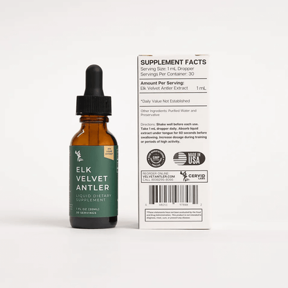 Elk Velvet Antler Liquid bottle showcasing High Potency Joint Support supplement facts and dosage information