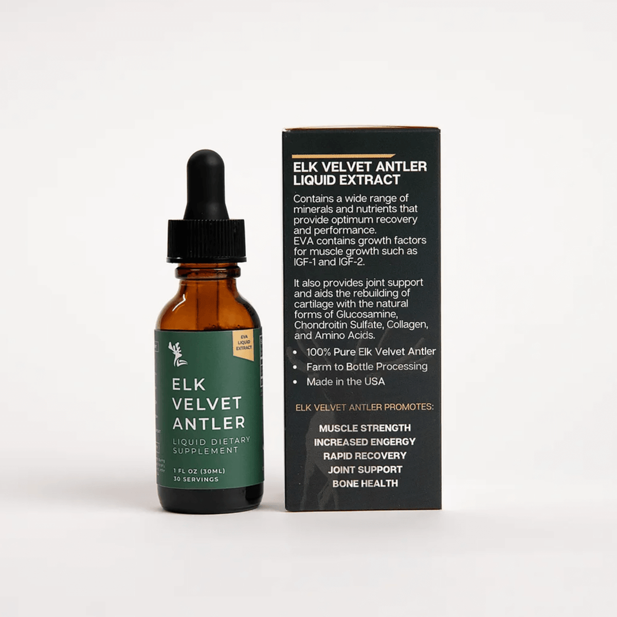 Elk Velvet Antler Liquid - High Potency Joint Support supplement in a dropper bottle, promoting joint support and muscle strength.