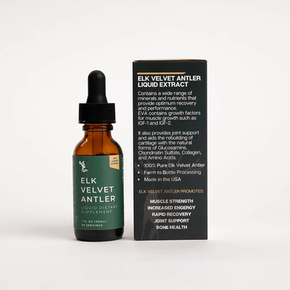 Elk Velvet Antler Liquid - High Potency Joint Support supplement in a dropper bottle, promoting joint support and muscle strength.