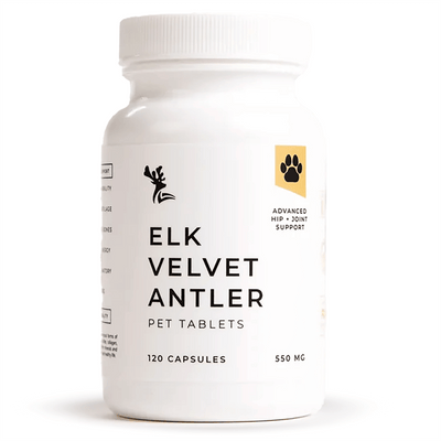 Elk Velvet Antler Pet Tablets for Joint Mobility and Comfort, a premium Pet Joint Supplement in a bottle of 120 capsules.