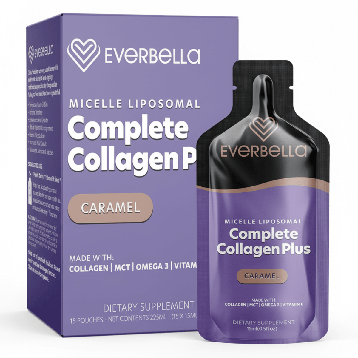 purple box and bottle-type container of Everbella Complete Collagen Plus Caramel dietary supplement on a white background