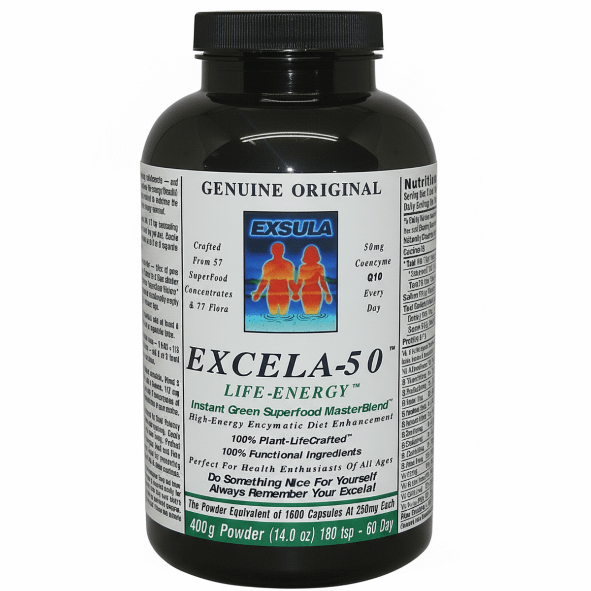 Excela-50 Beginner Superfood Powder for energized living and health benefits in a 400g container.