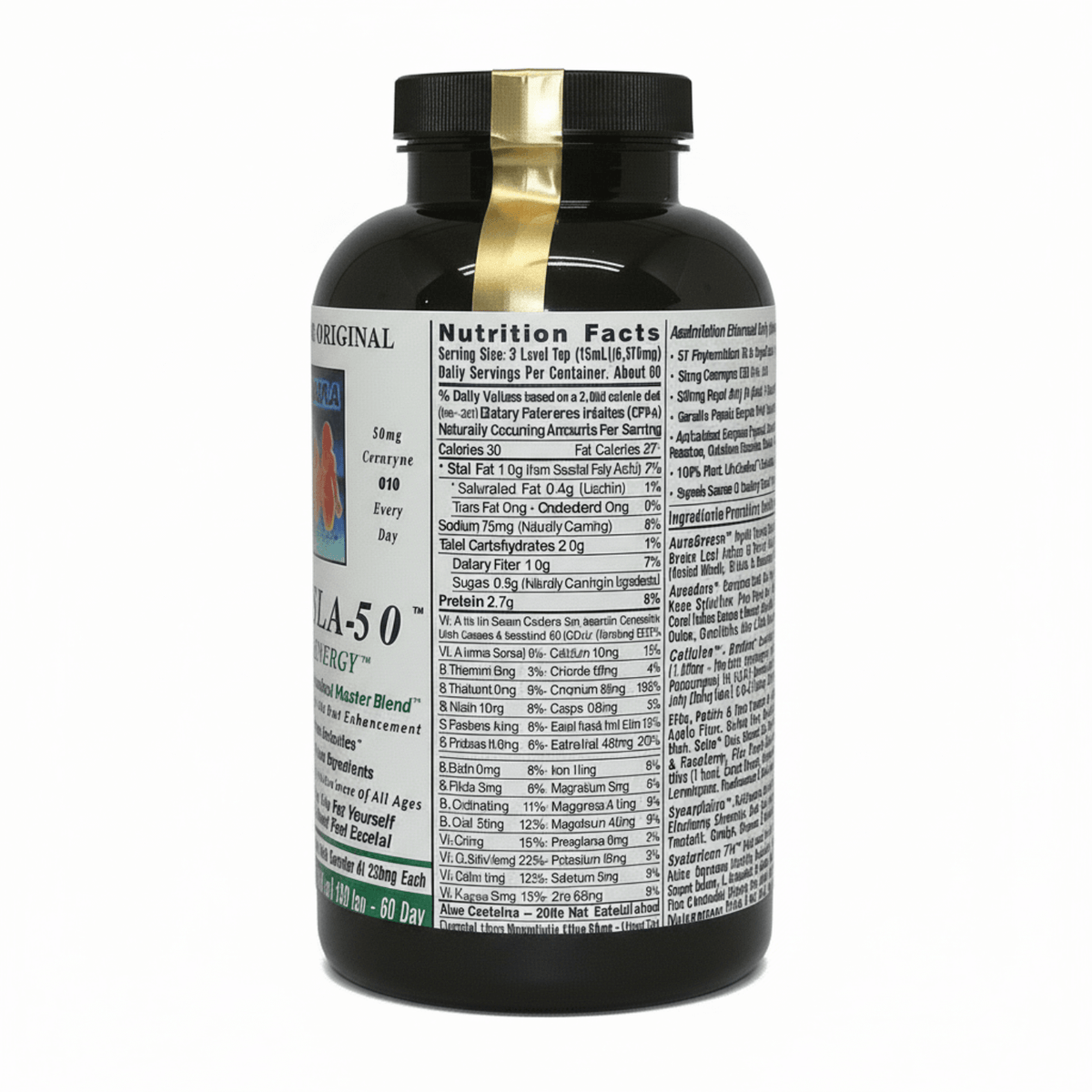 Excela-50 Beginner Superfood Powder bottle showcasing nutrition facts and ingredients.