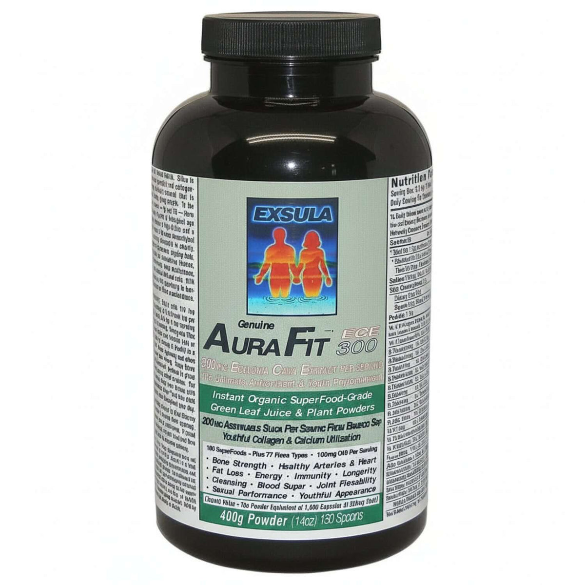 AuraFit phytonutrient supplements in a black container, featuring organic superfood ingredients for health and energy.