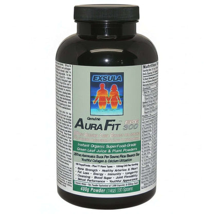 AuraFit phytonutrient supplements in a black container, featuring organic superfood ingredients for health and energy.