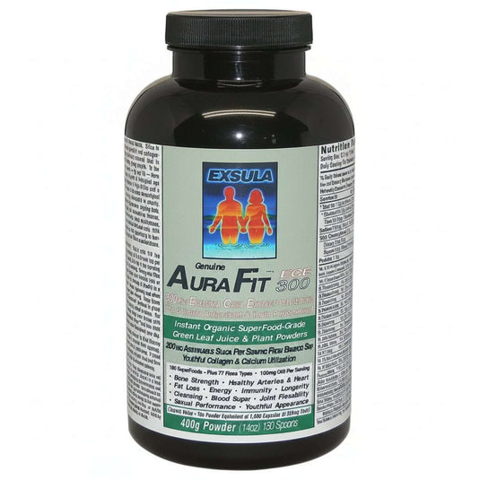 AuraFit phytonutrient supplements in a black container, featuring organic superfood ingredients for health and energy.