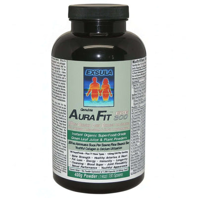 AuraFit phytonutrient supplements in a black container, featuring organic superfood ingredients for health and energy.