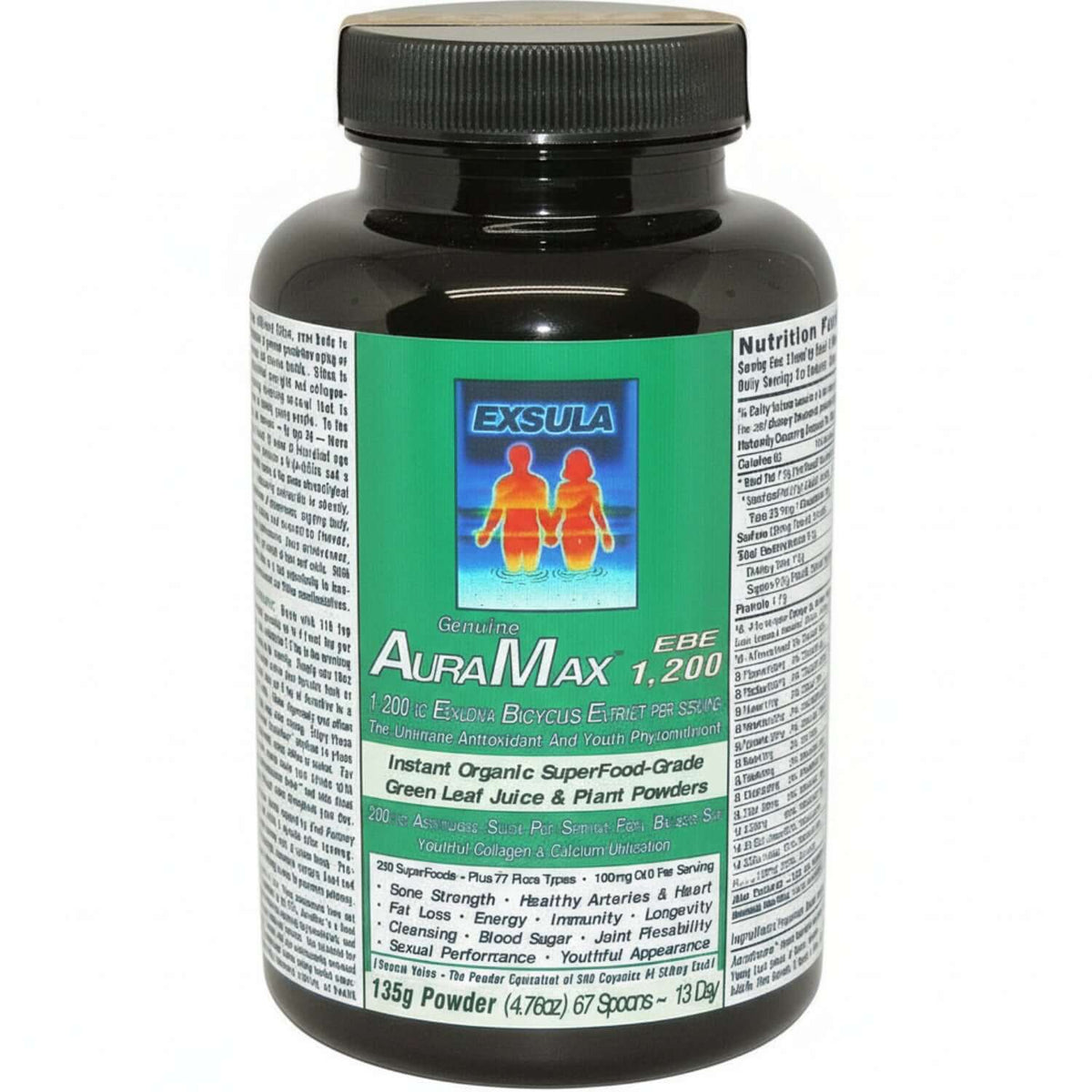 AuraMax - Ecklonia Cava Superfood Blend in a dark container showcasing its energy-boosting properties.