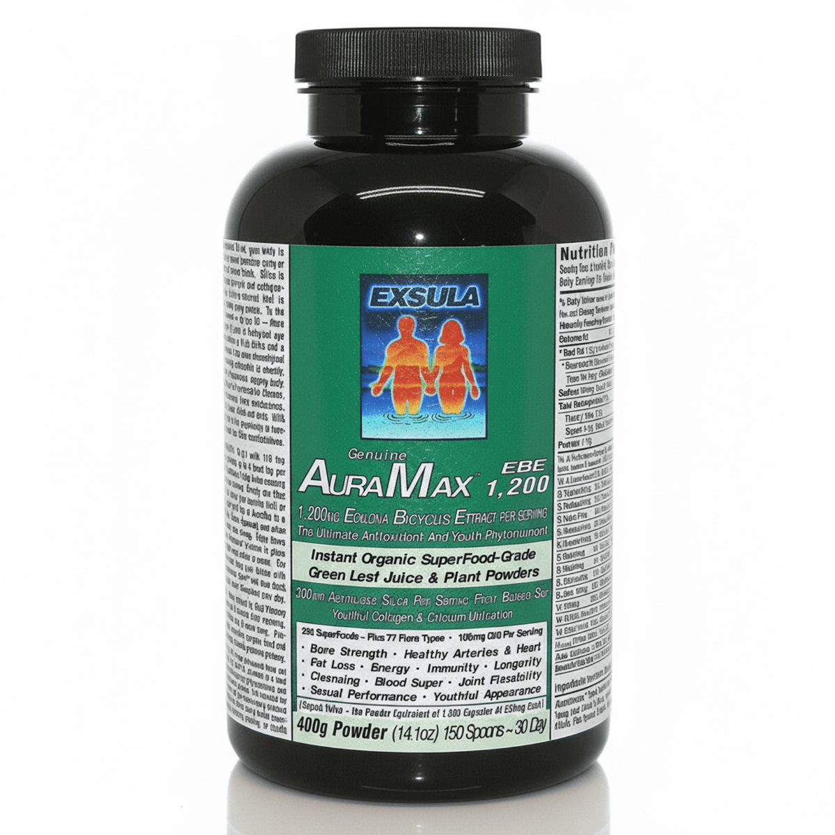AuraMax - Ecklonia Cava Superfood Blend for energy and vitality in a black supplement bottle.
