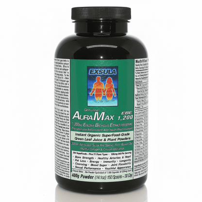 AuraMax - Ecklonia Cava Superfood Blend for energy and vitality in a black supplement bottle.