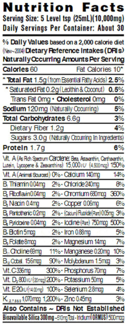 Nutrition facts panel for Ecklonia Cava Superfood Blend, including calories, fats, proteins, and vitamins.