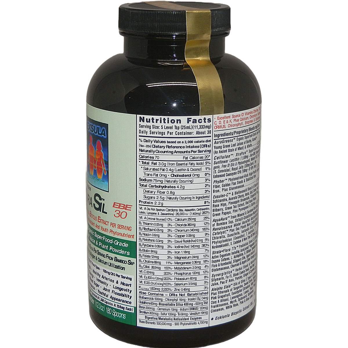 AuraSil Silica Superfood Blend supplement bottle with nutrition facts and ingredients listed on the label.