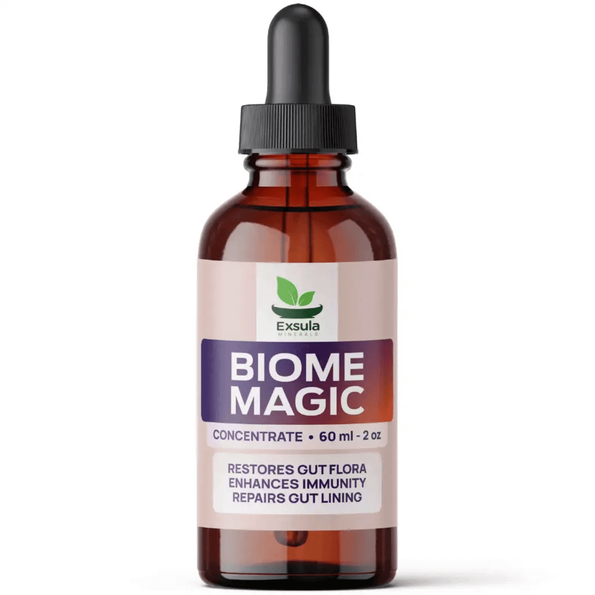 Biome Magic - Liquid Soil Extracts for Native Gut Flora bottle packaging with benefits listed.
