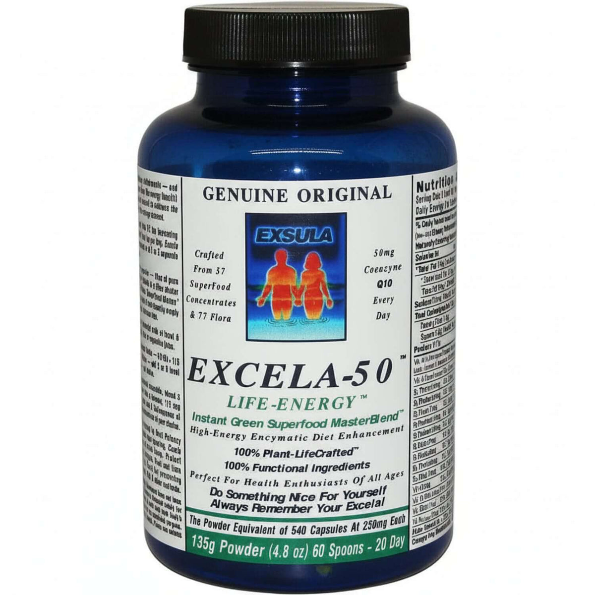 Excela-50 Beginner Superfood Powder in a blue bottle with nutrition facts and description for health enthusiasts.