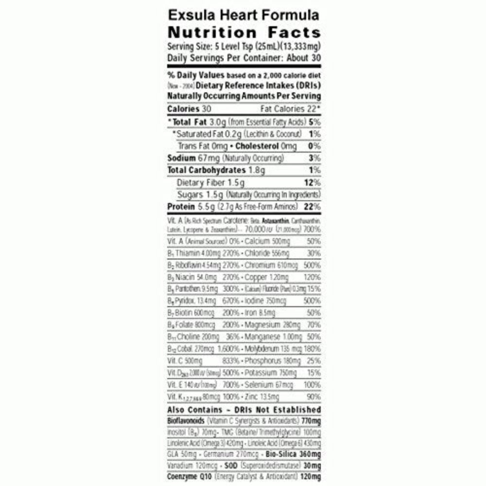 Nutrition facts for Exsula Heart Formula showing Phytosterol Cardiovascular Support ingredients and values.