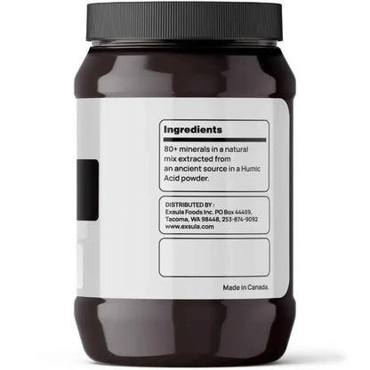 Ancient Carbon - Bioavailable Ancient Carbonaceous Matrix jar with ingredients details including 80+ minerals in Humic Acid powder.