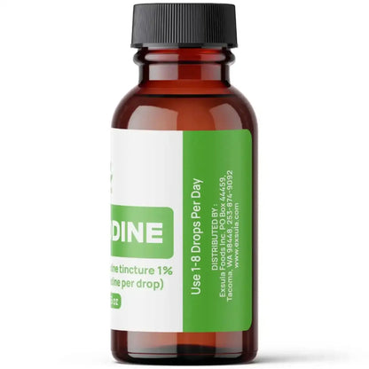 Thyrodine nascent iodine tincture bottle for thyroid support with 1% atomic iodine.