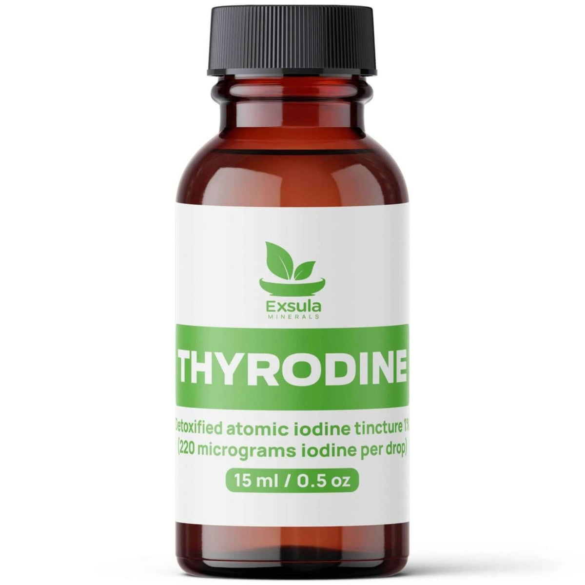 Exsula Minerals Thyrodine bottle for Nascent Iodine, a detoxified atomic iodine tincture with 220 micrograms per drop.