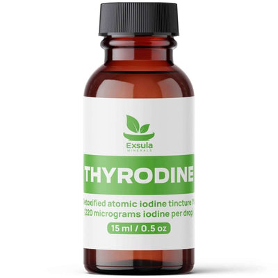 Exsula Minerals Thyrodine bottle for Nascent Iodine, a detoxified atomic iodine tincture with 220 micrograms per drop.