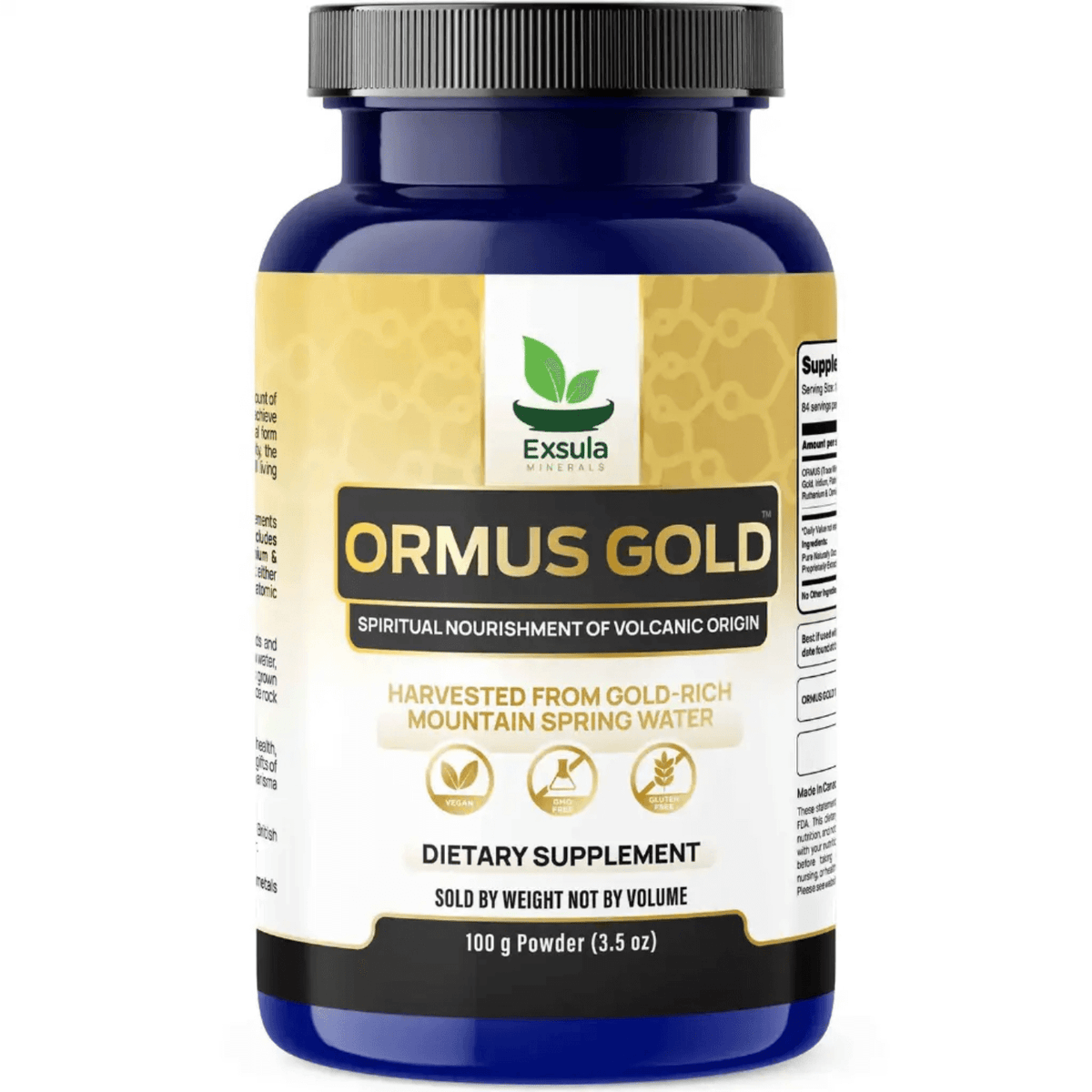ORMUS Gold Monoatomic Gold Supplement in a 100g powder container, harvested from volcanic spring water, dietary supplement.